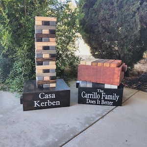 Giant Topple Tower/Custom Carry Case/Play Table Stand/Storage Crate/Multicolored Stained Wood Blocks Tumbling Tower Block Game/Wedding Games