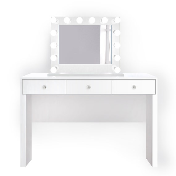 Glam White Makeup Vanity Set Includes Glam Hollywood Mirror + Makeup Table with Three Drawers
