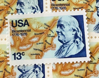 10 Unused Vintage Bicentennial Benjamin Franklin US Postage Stamps / 13 cents / Scott 1690 / Yellow and Blue Postage Stamps