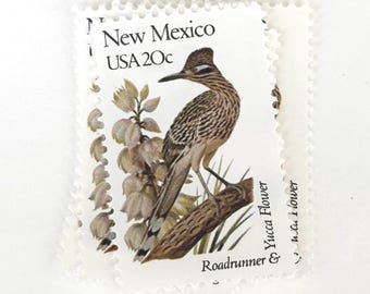 5 Vintage New Mexico State Bird Roadrunner & Yucca Flower US Postage Stamps - 20 Cent Wedding Stamps