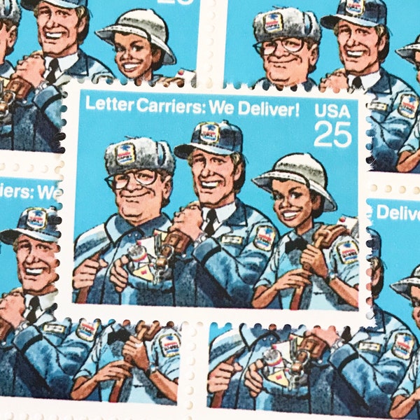 10 Unused Vintage Letter Carriers We Deliver Postage Stamps / Blue Postage Stamps / 25 cents / Scott 2420