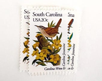 5 Vintage South Carolina - Carolina Wren & Carolina Jessamine US Postage Stamps - 20 Cent Wedding Stamps