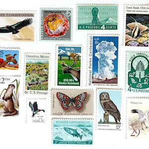 May include: A collection of vintage U.S. postage stamps featuring diverse themes. Stamps depict wildlife like a California Condor, River Otter, and Whooping Crane, along with images of petrified wood, a butterfly, and Yellowstone's Old Faithful.