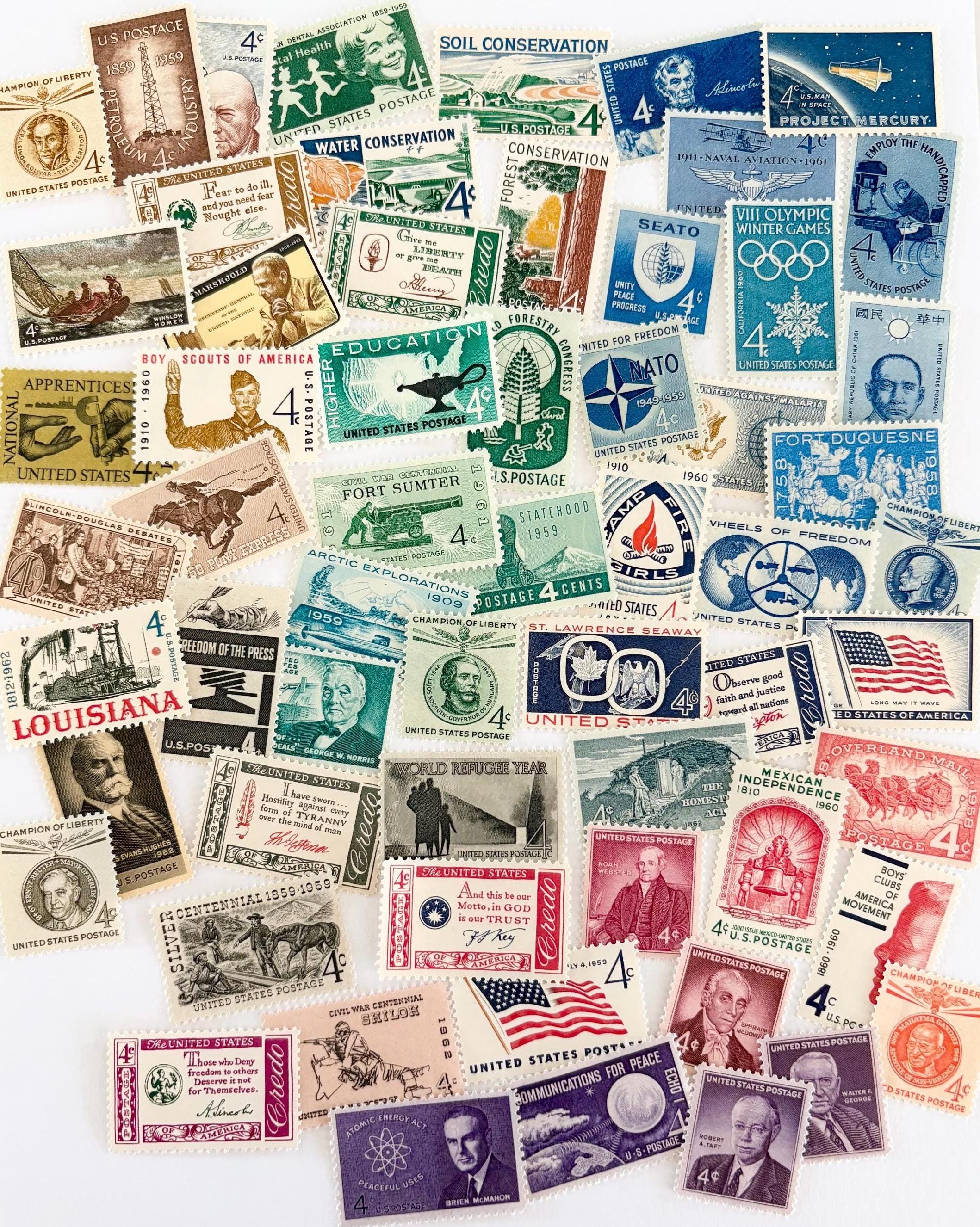 50 Unused 4 Cents Vintage Postage Stamps / Collection of 4 Cent US Postage / Variety of Color Stamps / Wedding Invitation Stamps