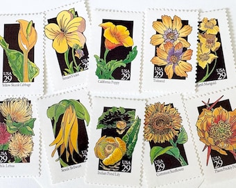 10 Vintage Yellow Wildflower Wedding Postage Stamps - Unused 29 Cent Stamps