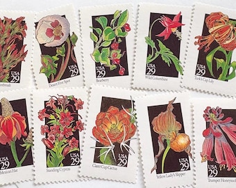 10 Vintage Red & Orange Wildflower Wedding Postage Stamps - Unused 29 Cent Stamps