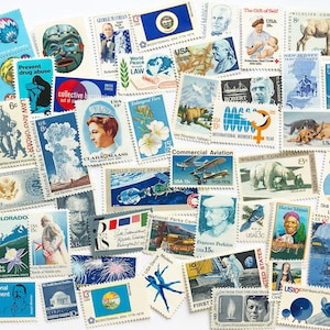 Unused Vintage Postage Stamps - Collection of Blue US Postage - Variety of Blue Stamps / No Duplicates / Stamp Values 1 cent to 25 cents