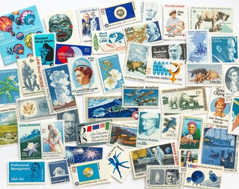 Unused Vintage Postage Stamps - Collection of Blue US Postage - Variety of Blue Stamps / No Duplicates / Stamp Values 1 cent to 25 cents
