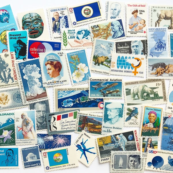 Unused Vintage Postage Stamps - Collection of Blue US Postage - Variety of Blue Stamps / No Duplicates / Stamp Values 1 cent to 25 cents