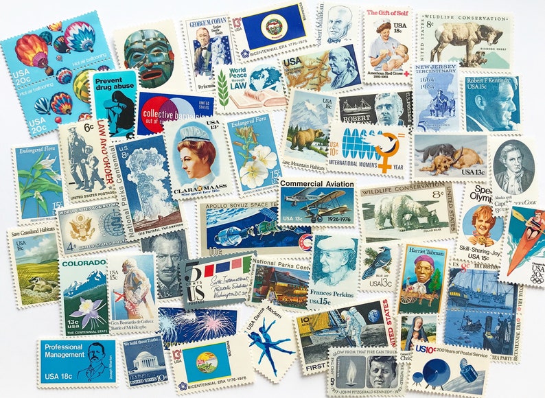 Unused Vintage Postage Stamps - Collection of Blue US Postage - Grab Bag of Blue Stamps \/ No Duplicates \/ Stamp Values 1 cent to 29 cents