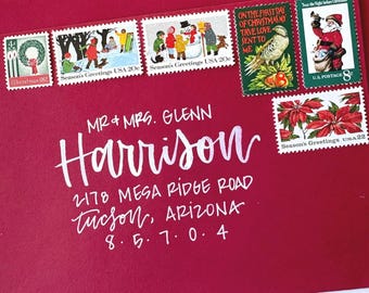 Christmas Set of Vintage Unused US Postage Stamps for Christmas Cards / Post 5 Letters 1 oz. rate / Santa,  Poinsettia, Postage Stamps