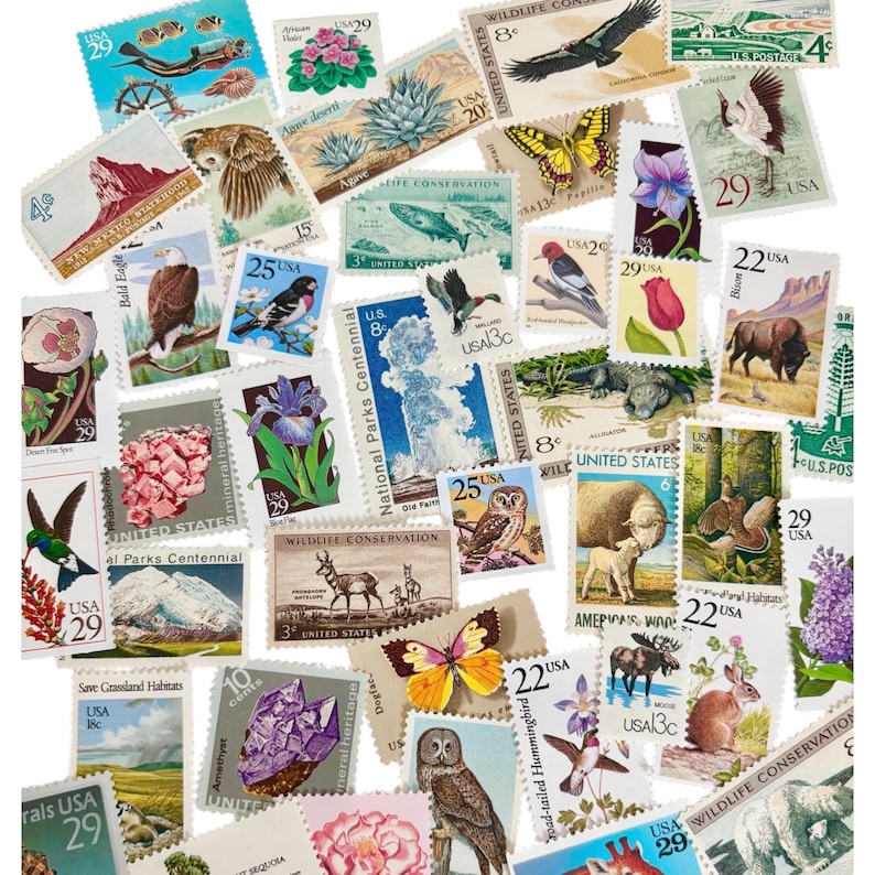 May include: A collection of vintage postage stamps featuring various designs. The stamps showcase images of birds, flowers, animals, and landscapes. The stamps are in various colors and sizes, with denominations visible.