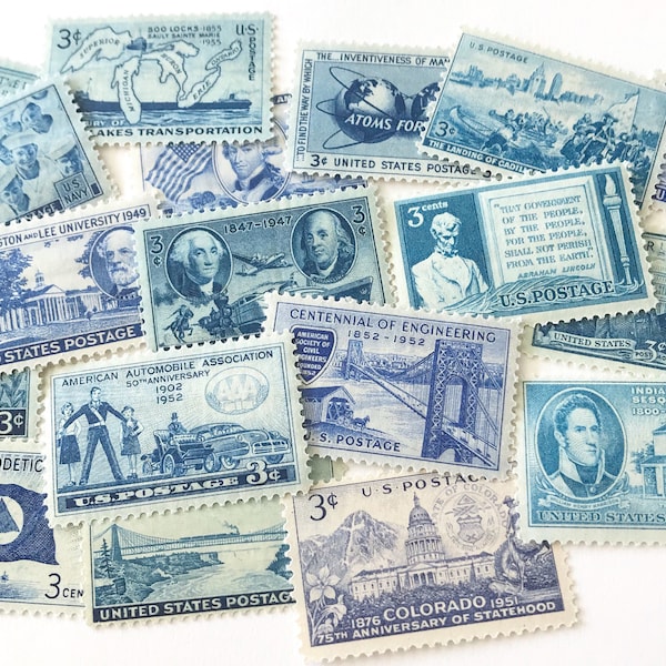 25 Unused Vintage Blue Postage Stamps - Collection of 3 Cent Blue US Postage - Grab Bag of Blue Stamps all 3 cents / Wedding Postage Stamps