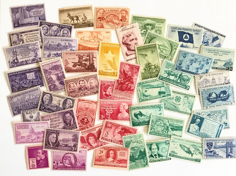 Unused Vintage Postage Stamps - Collection of 3 Cent US Postage - Grab Bag of a Variety of Color Stamps all 3 cents \/ No Duplicates