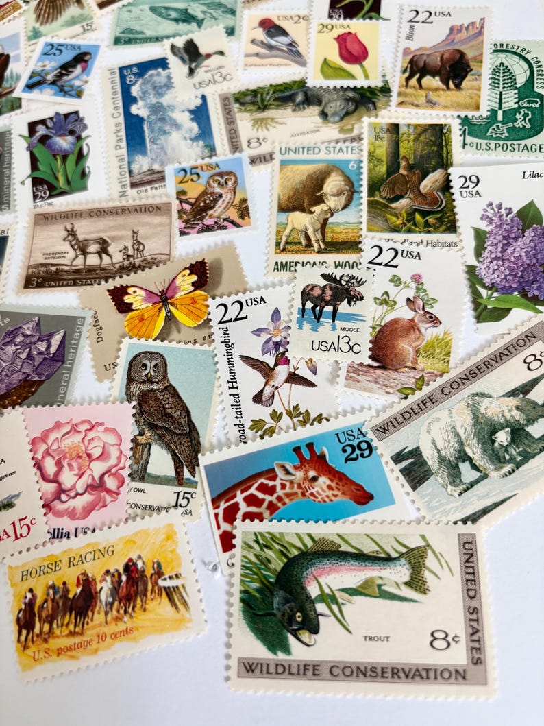 May include: A collection of vintage U.S. postage stamps featuring wildlife, flowers, and historical themes. Stamps depict a variety of animals, including a giraffe, owl, and bear, along with images of horses, flowers, and landscapes. The stamps are in various colors and sizes.