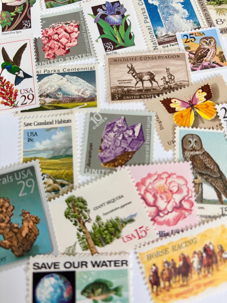 May include: A collection of colorful vintage postage stamps featuring various themes. Stamps depict a hummingbird, flowers, wildlife, minerals, and landscapes. Some stamps have text like "USA 29" and "Wildlife Conservation".
