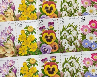 5 Vintage Floral Postage Stamps for Wedding Invitations & Snail Mail, Garden Flowers, 32 Cents