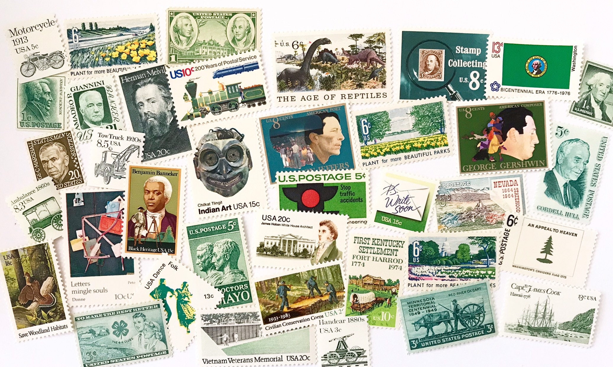 Unused Vintage Green Postage Stamps / Shades of Green US Postage / No Duplicates / Stamp Values 1 cent to 29 cents