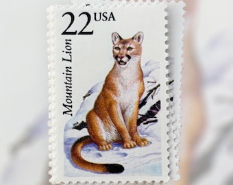 6 Vintage Mountain Lion Postage Stamps: Unused Wildlife Collectibles 22 cents