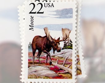6 Vintage Moose Postage Stamps: Unused 22 Cent Wildlife Stamps