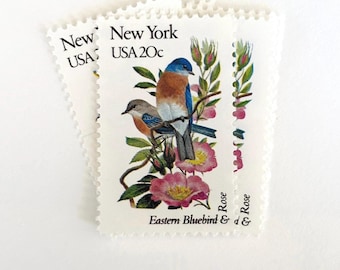 5 Vintage New York State Eastern Bluebird & Rose US Postage Stamps - 20 Cent Wedding Stamps