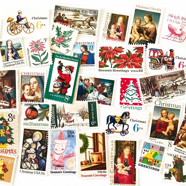 10 Unused Vintage Christmas Holiday US Postage Stamps Collection - Grab Bag of Christmas Holiday Stamps / No Duplicates / 5 cents - 25 cents