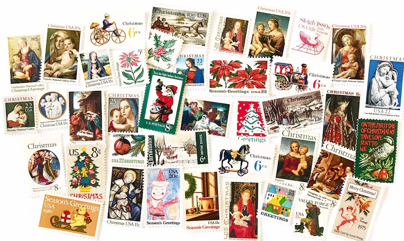Pode incluir: Uma cole&ccedil;&atilde;o de selos de Natal vintage com v&aacute;rios temas natalinos, incluindo imagens religiosas, cenas de inverno e decora&ccedil;&otilde;es festivas. Os sellos s&atilde;o de diferentes anos e apresentam uma variedade de cores e designs.