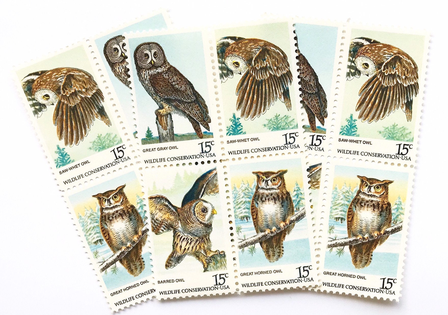 12 Vintage Owl Postage Stamps: Wildlife Conservation, 1978