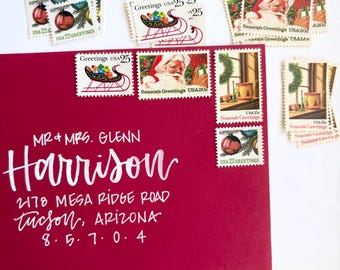 US Christmas Set of Vintage Unused US Postage Stamps / Post 5 Letters 1 oz. rate / Santa, Sleigh, Christmas Ornaments Postage Stamps