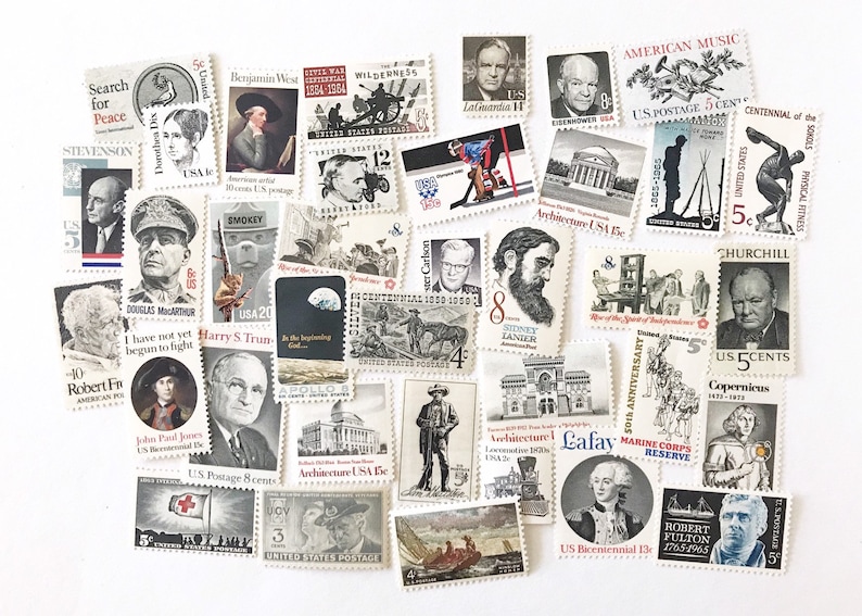 Unused Vintage Postage Stamps - Collection of Black US Postage - Grab Bag of Black Stamps - No Duplicates \/ Stamp Values 1 cent to 20 cents