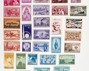 25 Vintage 3 Cent US Postage Stamps: Colorful Wedding Invitation Stamps