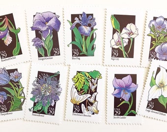 10 Vintage Wildflower Wedding Postage Stamps, 29 Cent Unused, Purple Floral (Scott 2647)