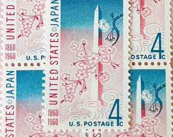 10 Unused Vintage Cherry Blossom Japan Washington DC US Postage Stamps / 4 cents / Pink & Blue Postage Stamp / Scott 1158