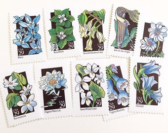 10 Unused Vintage Blue and White Flower Wedding Postage Stamps / Blue Wildflower Floral Postage Stamps / 29 cents