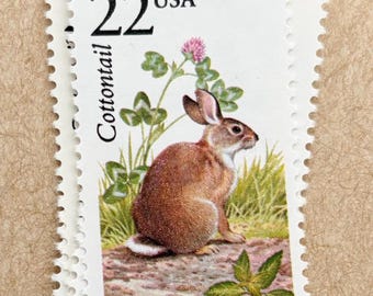 6 Unused Vintage Cottontail Rabbit Postage Stamps / Rabbit Bunny North American Wildlife Postage Stamps / 22 cents