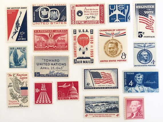 15 Unused Postage Stamps Red, White and Blue Vintage Curated Set /  Collection of US Postage Stamps Red, White and Blue 1 cent to 29 cents