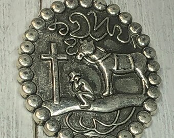 Cowboy with Horse Kneeling Praying at Memorial Cross Pendant