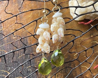 Niihau Shells Gemstone Dangle Earrings  | Niihau Shell Momi Lenalena Earrings 14k GF | Niihau Shell Peridot Earrings