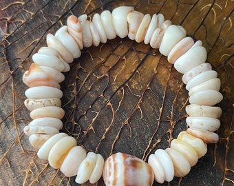 Cinnamon Bun, Gold Puka Shells Bracelet (7 inch) | Hawaii Cone Shell Puka Shells Stretch Bracelet #927