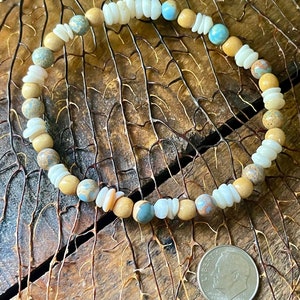 Hawaii Puka Shells, Carolina Blue Sediment Jasper Bracelet 8.50 inch Hawaii Puka Shell, Vintage Bead Stretch Bracelet 1504 image 3