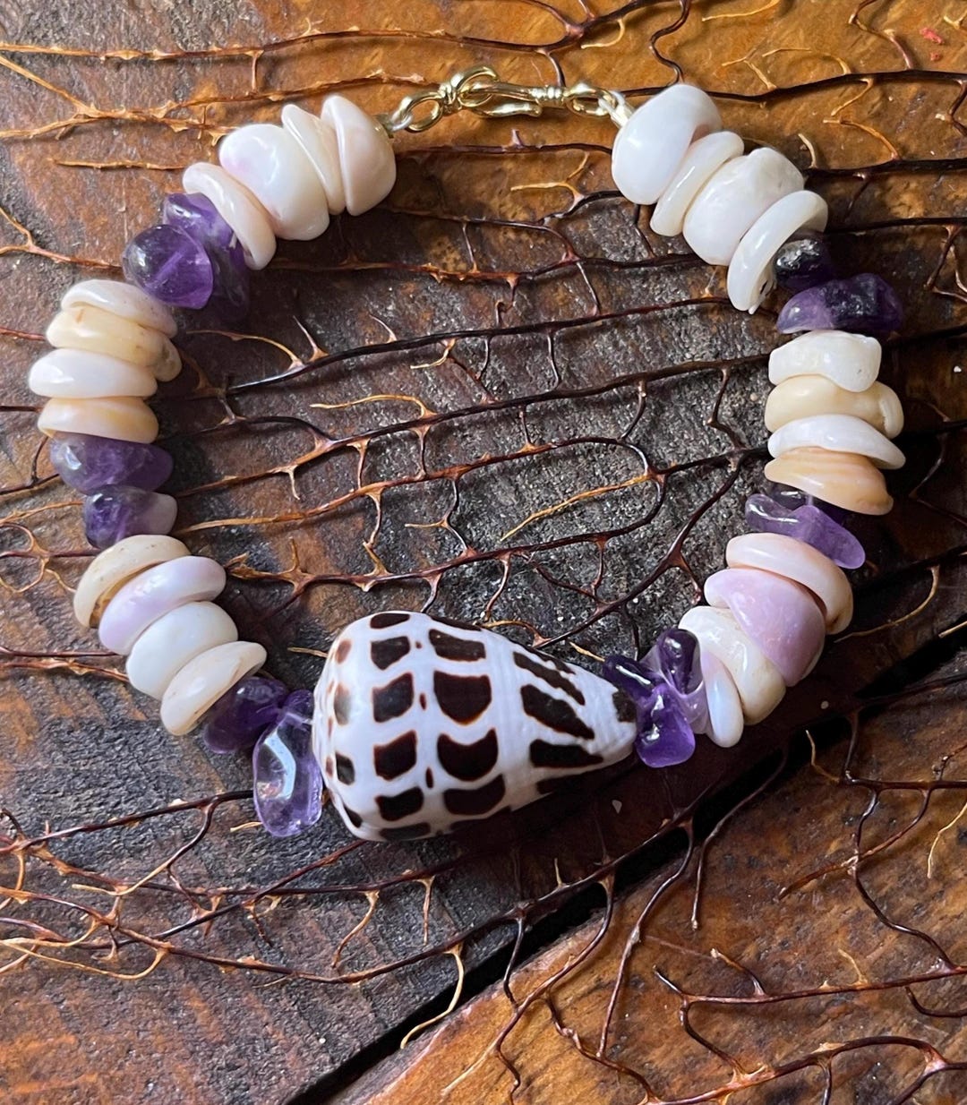 Hebrew Cone, Chunky Puka Shells Bracelet 14k GF | Hebrew Shell Amethyst ...