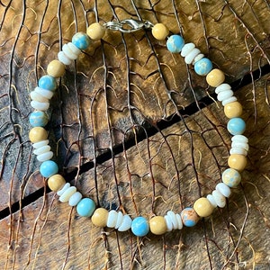 Jaspe sédiments marins, bracelet coquillages puka d'Hawaï 8,50 pouces Hawaï Puka Shell, bracelet de perles de bois vintage 1506 image 2