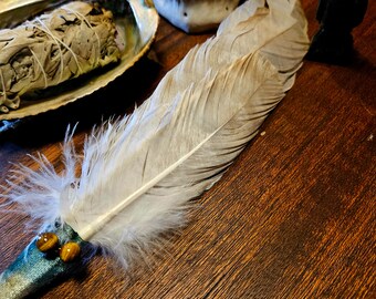 OOAK Handmade Smudging Feathers, Turkey Feather Smudging Feather with Tiger Eye Beads