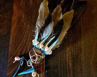 OOAK Handmade Smudging Feather Fan, Sea Witch Smudging Fan with Shells