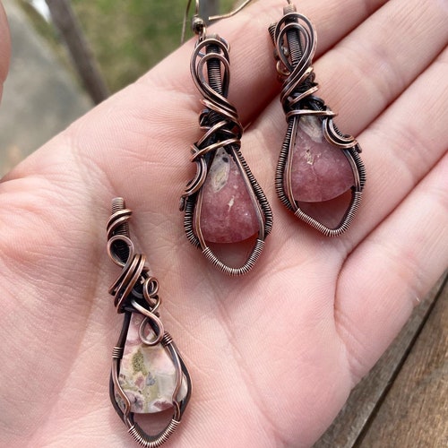 Rhodochrosite Jewelry Set, Pendant & Earrings shops