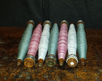 Vintage Wood Spools With Thread Set of 7 Textiles Quill Pink Blue White