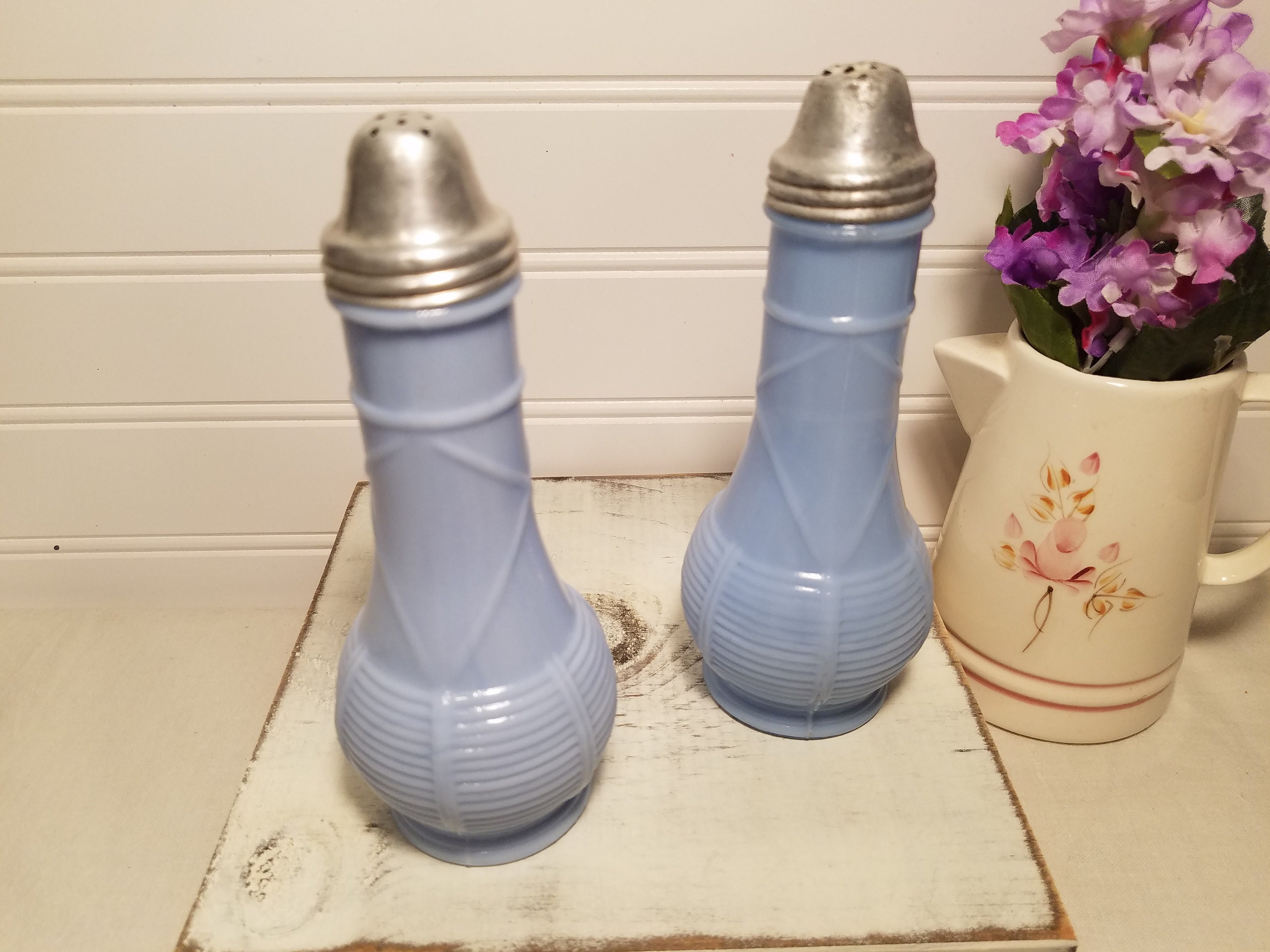 Vintage Delphite Blue Salt and Pepper Shaker Set Milk Glass Etsy