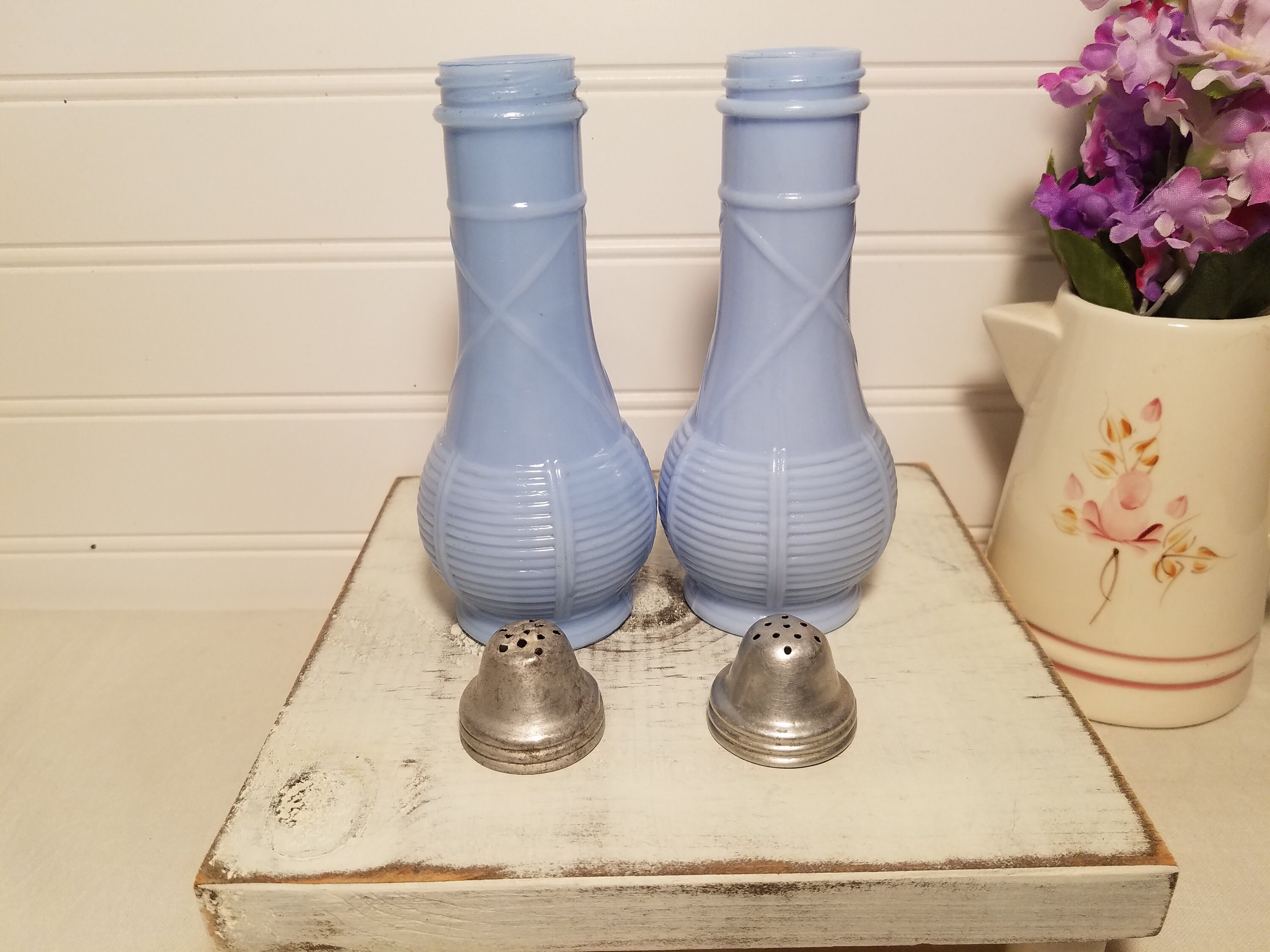 Vintage Delphite Blue Salt and Pepper Shaker Set Milk Glass Etsy