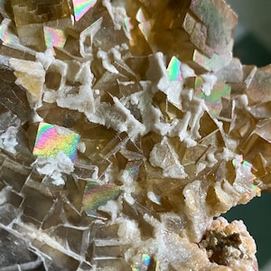 May include: A close-up of a cluster of iridescent brown fluorite crystals with a white matrix. The crystals have a cubic shape and are arranged in a random pattern.