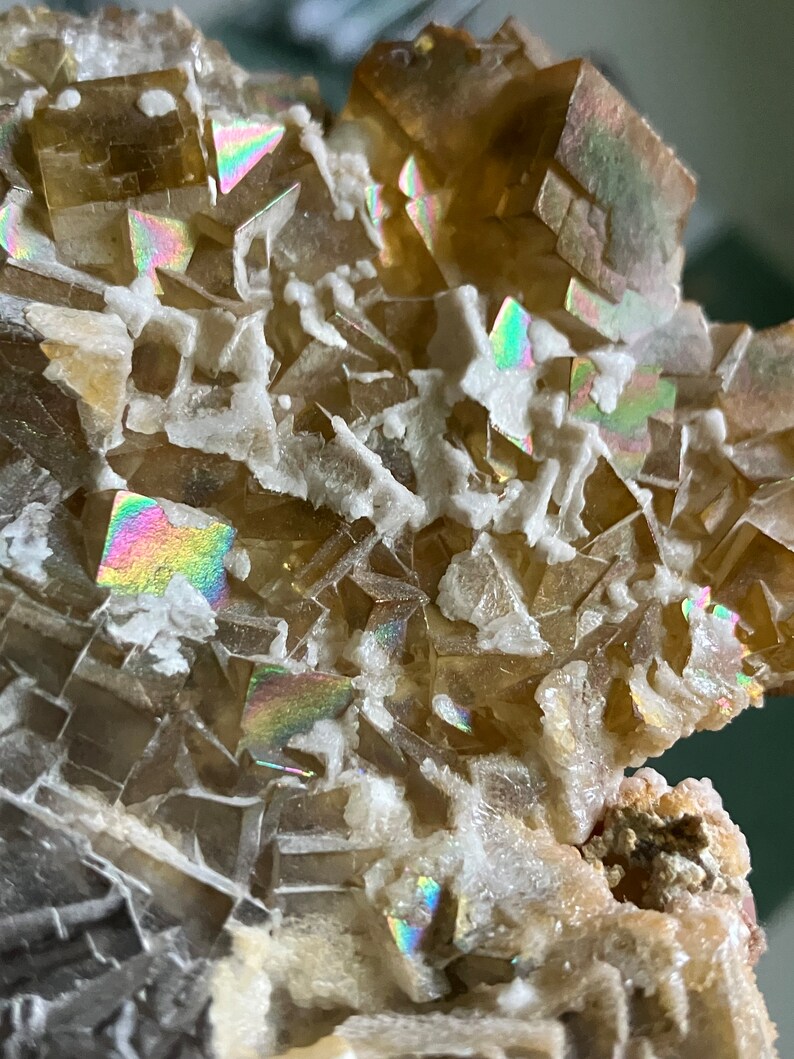 May include: A close-up of a cluster of iridescent brown fluorite crystals with a white matrix. The crystals have a cubic shape and are arranged in a random pattern.